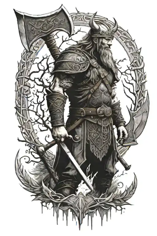 Viking Warrior Standing An Axe And Yggdrasil And Odins Crows Tattoo