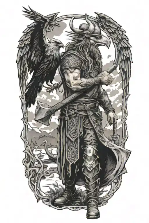 Viking Warrior Standing An Axe And Yggdrasil And Odins Crows