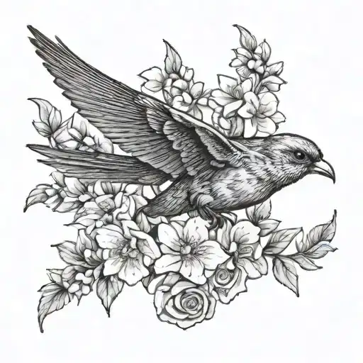 Chimney Swift Bird Flying With Flowers