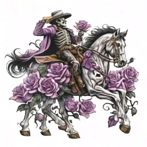 Skeleton Cowboy On A Skeleton Bucking Horse Surrounded In Purple Roses