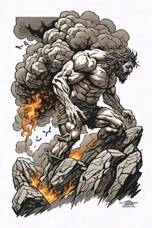 Torn Muscular Man Pushing A Boulder Up A Steep Rocky Hill Dark Clouds And Fire In The Background