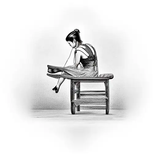 Country Woman Sitting On A Wooden Chair Seen From Her Back Tattoo