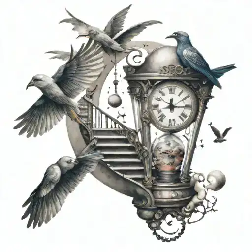 Hourglass Clock Flying Birds Stairs Moon Stars Forming