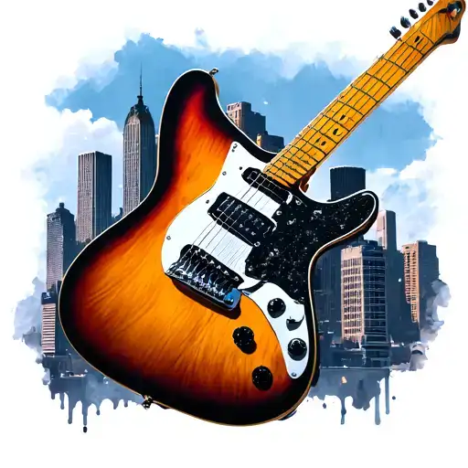 A Realistic Guitar With A City Skyline In The Background