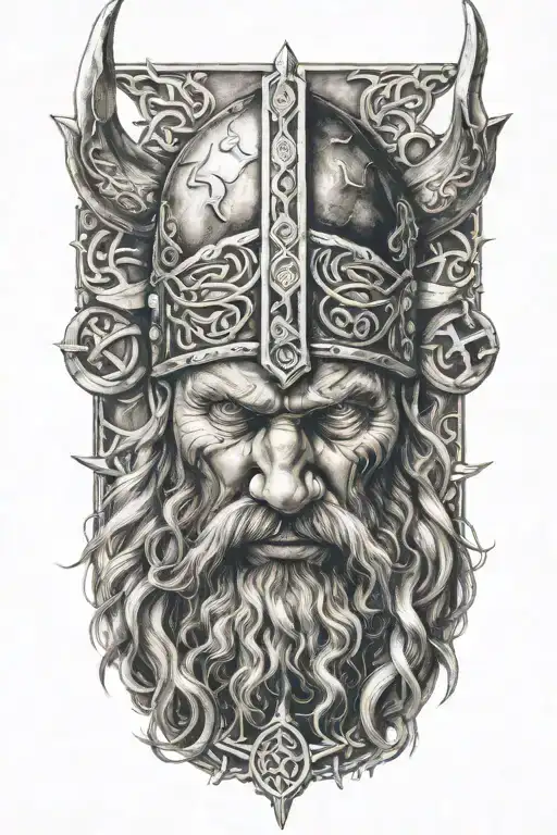 Upclose Of A Viking With Nordic Sybols Around Him And Lightning