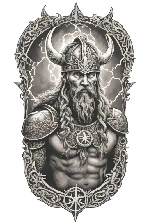 A Viking With Nordic Sybols Around Him And Lightning