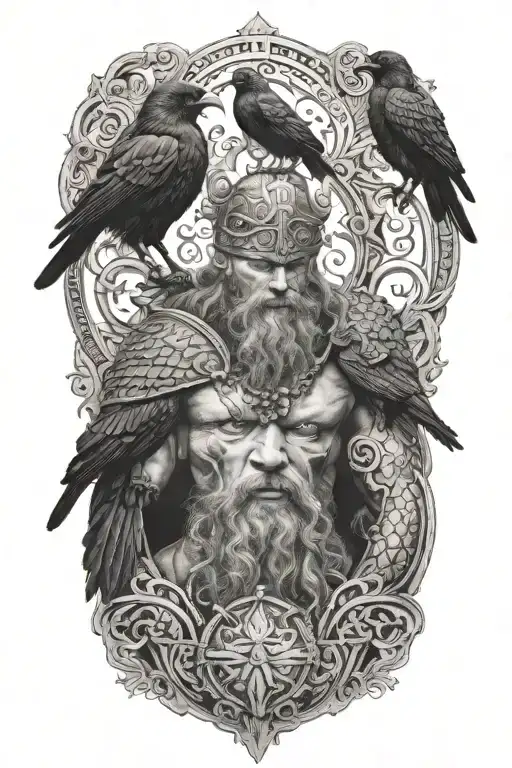 A Viking With 2 Crows On His Shoulders With Yggdrasil Behind Him Tattoo