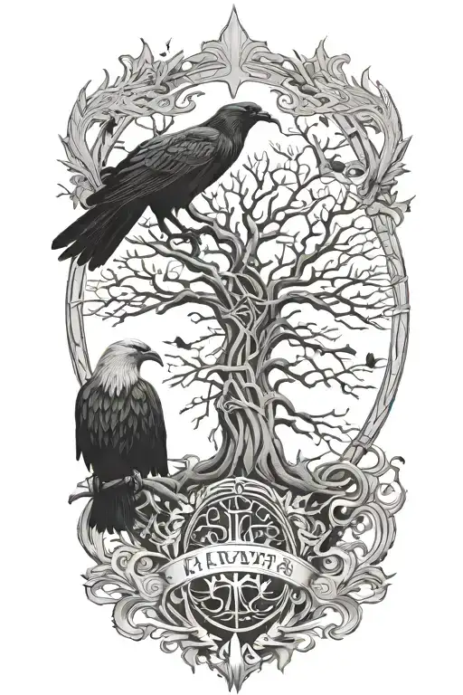 A Viking With Yggdrasil The World Tree Behind Him And 2 Ravens