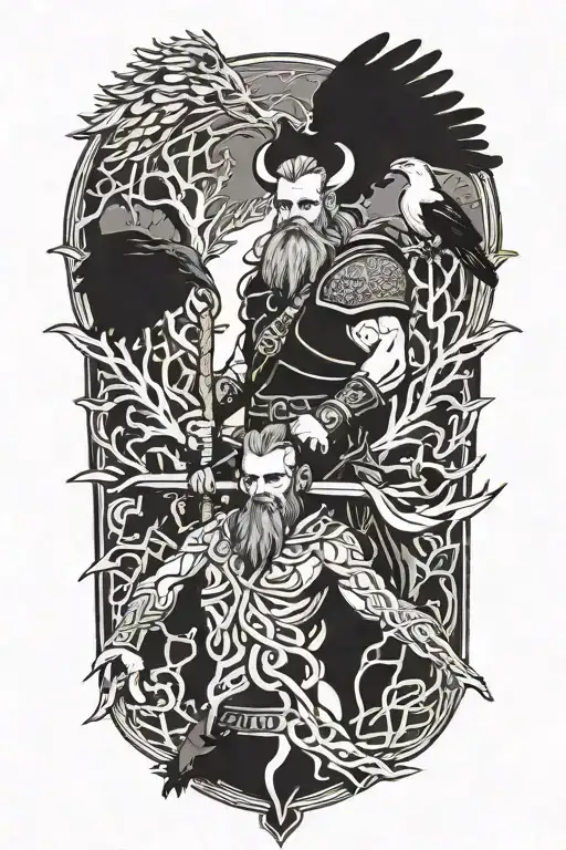 A Viking With Yggdrasil The World Tree Behind Him And 2 Ravens Tattoo