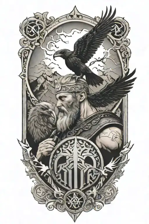 A Viking With A Mountain Behind Him With Lightning In The Sky And 2 Ravens