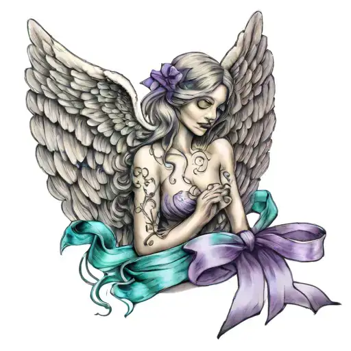 Broken Angel With Teal And Purple Ribbon