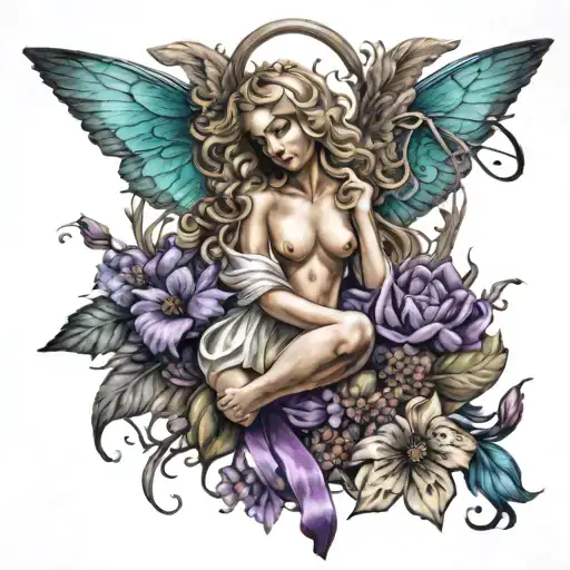 Guardian Angel With Purple And Teal Ribbon Surrounded With Butterflies And Flowers
