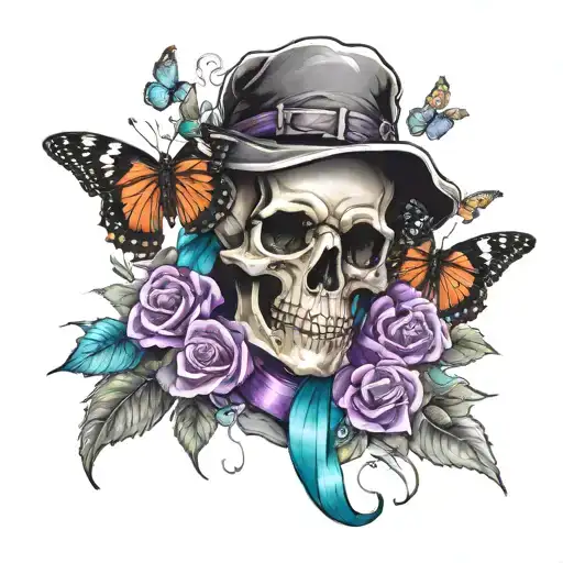 Reaper With Purple And Teal Ribbon Surrounded By Flowers And Butterflies