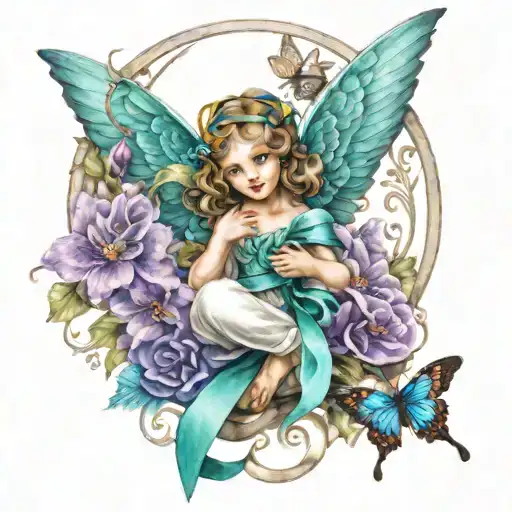Guardian Angel With Teal Ribbon And Purple Ribbon Surrounded By Flowers And Butterflies
