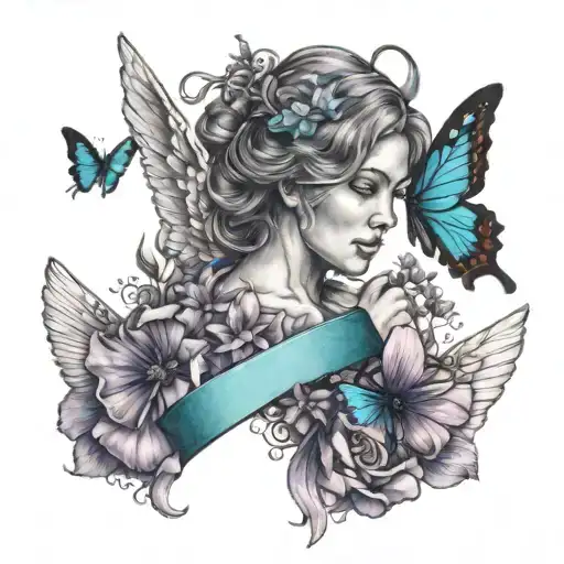 Angel Holding Teal Ribbon And Purple Ribbon Surrounded By Flowers And Butterflies Facing Death