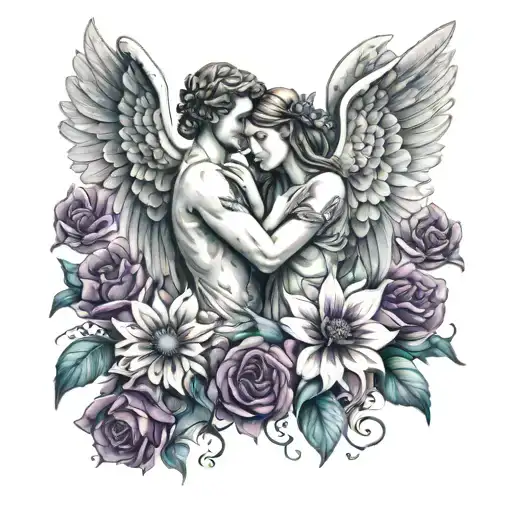 Male And Female Angel Surrounded By Flowers Holding Teal And Purple Teals Tattoo