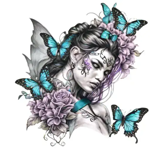 Warrior Surrounded By Flowers And Butterflies Holding Teal And Purple Ribbon