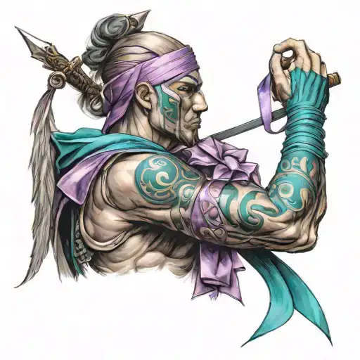 Warrior Holding Teal Ribbon And Purple Ribbon