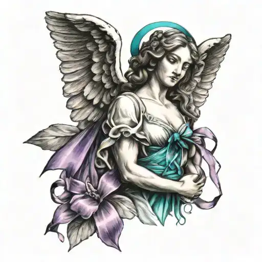 Guardian Angel Holding One Purple Ribbon And One Teal Ribbon