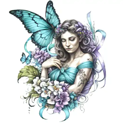Guardian Angel Holding Teal And Purple Ribbon And Is Surrounded By Flowers And Butterflies