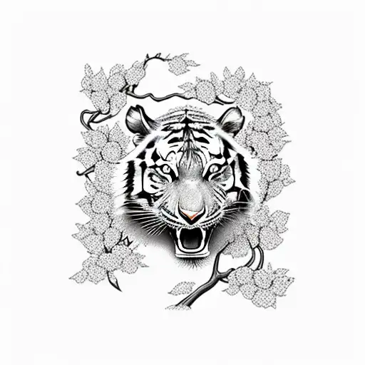 Tiger Climbing Down Cherry Blossom Tree Swiping At A Phoenix