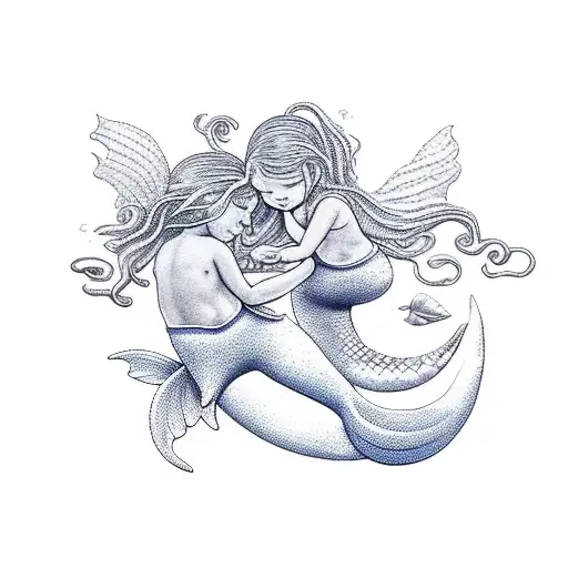 Whimsical Scene Of Kids Playing With A Mermaid At The Beach Tattoo