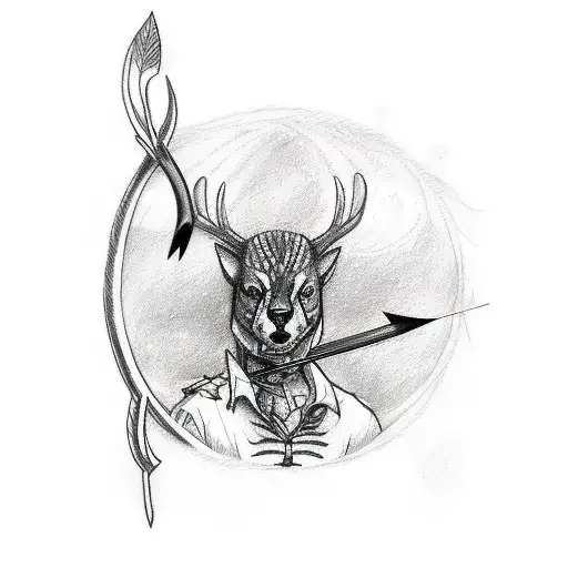 A Sketch-style Tattoo Of A Hunter With A Bow And Arrow In A Woodland Setting