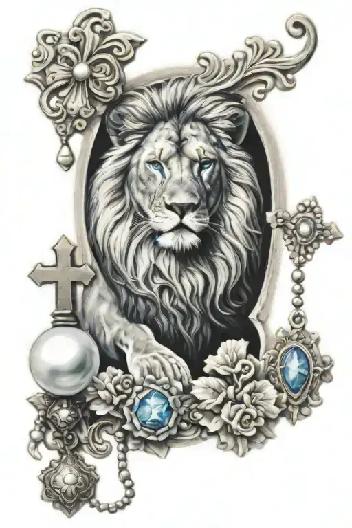 Blue Eyed Lion And Cross And Pearls