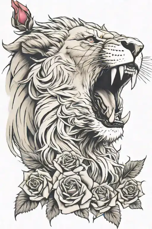 Lion With Red Eye And Rose Intertwined And Biting And A Rose In Mouth