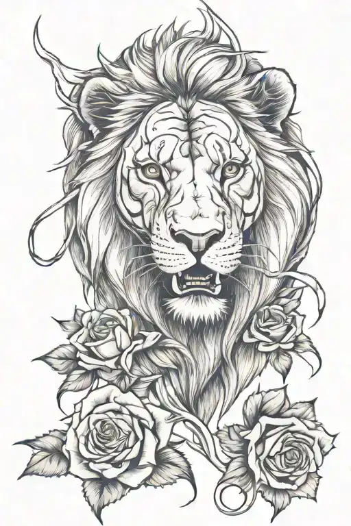Lion With Red Eye And Rose Intertwined And Biting And A Rose In Lions Mouth