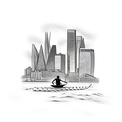 A Fisherman Casting A Line From A Boat With The London Skyline In The Background