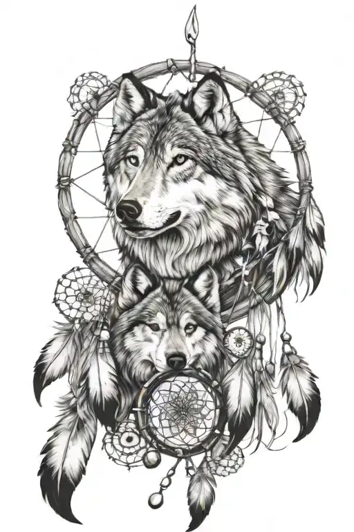 Black And White Wolf With Dreamcatcher