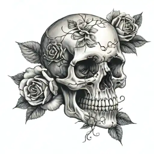 Create A Realistic Portrait Of A Skull Surrounded By Intricate Roses On The Forearm