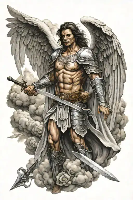 Angel Warrior With Sword And Cloud Background Angel Wings