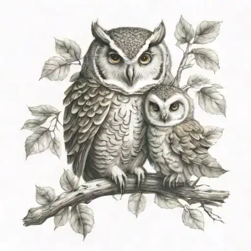 Mother Owl Cuddling Baby Owl Surrounded By Oak Leaves