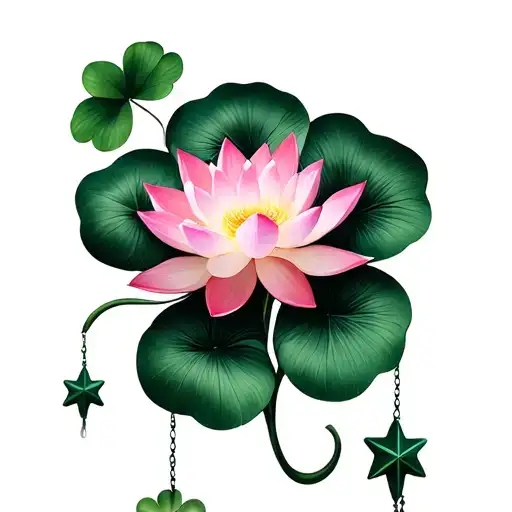 Pink Lotus Flower With 4-Leaf Clover Intertwined With 2 Hanging Stars