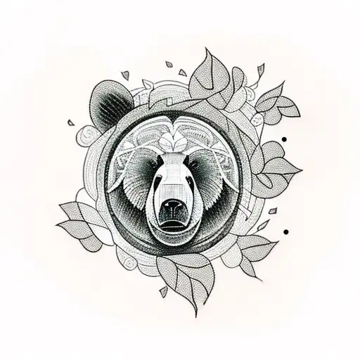 A Blackwork Tattoo Of A Bear Playing A Guitar Amidst A Lush Forest Backdrop