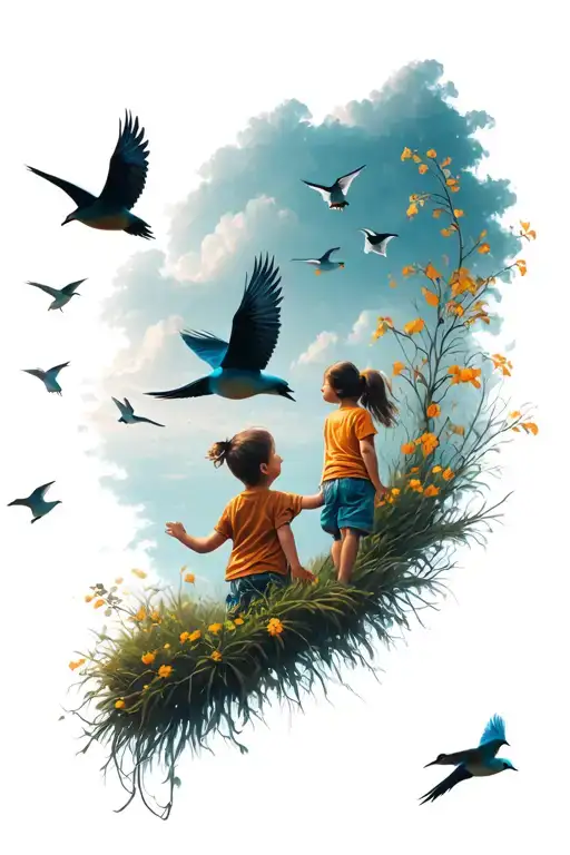 Nature Scene With Kids Releasing Birds Flying Away