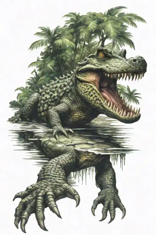 Crocodile Comes Out Of Water With Rainforest In The Foreground And In The Background