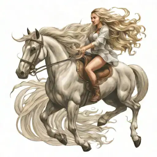 Girl With Long Blonde Hair Riding Flying Horse Angel Wings