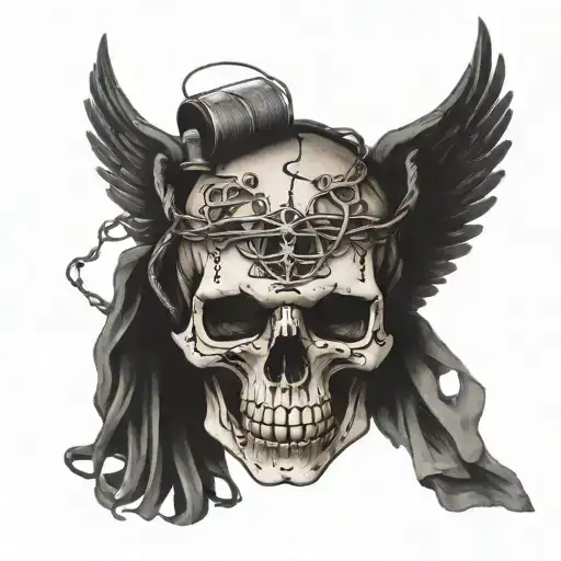 Deformed Skull With Angel Wings Wrapped In Barbedwire