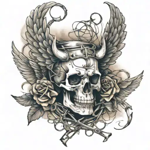 Skull With Devil Horns And Angel Wings With Barbwire