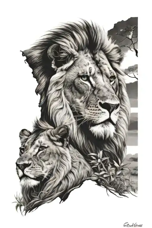 1 Male Lion 1 Female Lion Together On The Savanaa Symbolizing My Parents
