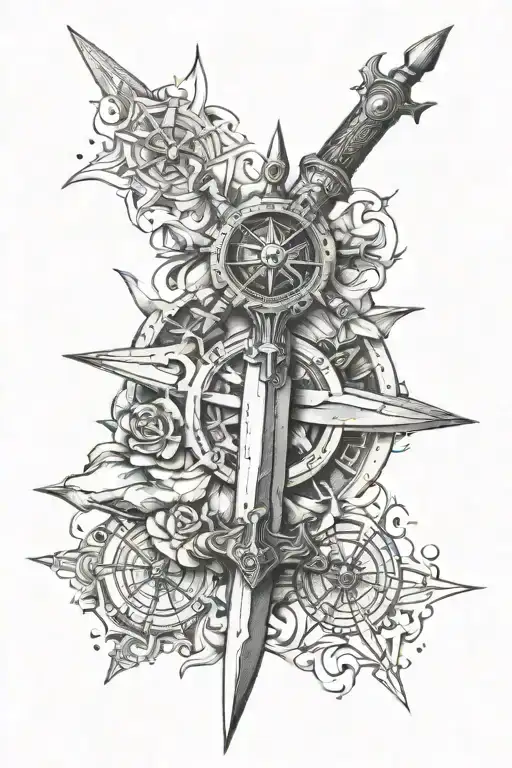 Dagger Surrounded By Three Compass Rose Intertwined