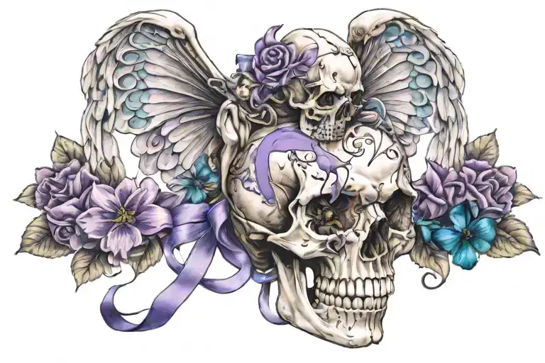 Angel Holding A Skull With Purple And Teal Ribbons Surrounded By Flowers And Butterflies