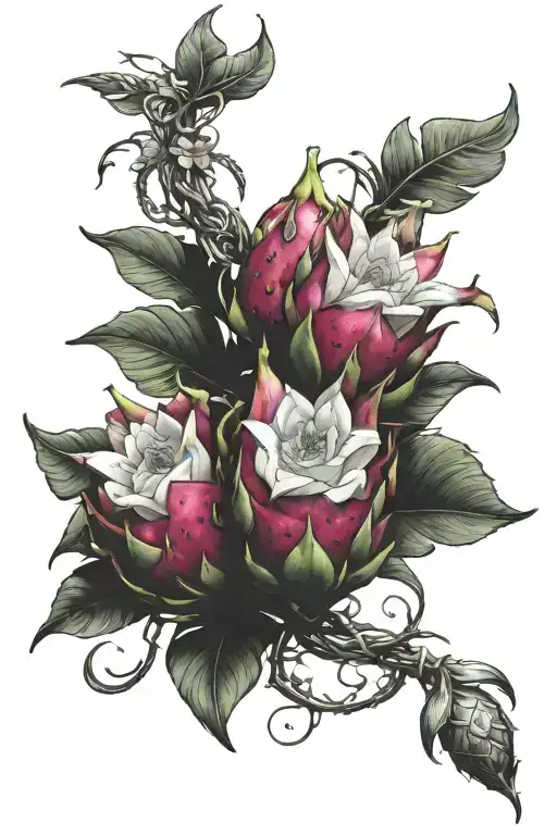 Dragonfruit Growing On Vine With Dragon Intertwined And Plumeria Flowers