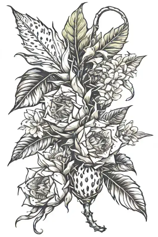 Dragonfruit Growing On Vine With Dragon Head And Plumeria Flowers