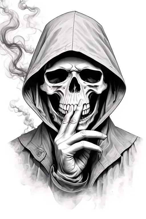 Skull Wearing Hood With Finger Over Mouth And Smoke Swirling Through The Composition