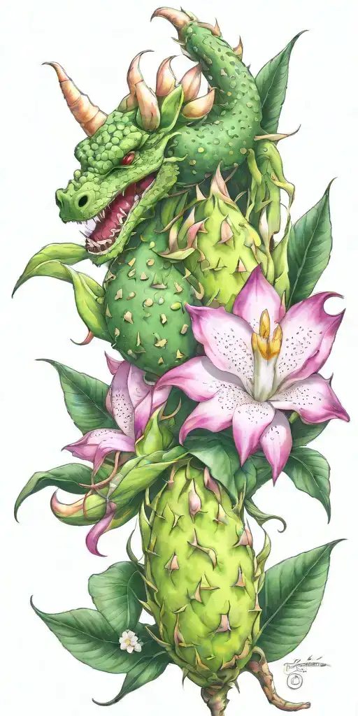 Dragonfruit Growing On Green Vine With Green Dragon Head And White Plumeria Flowers