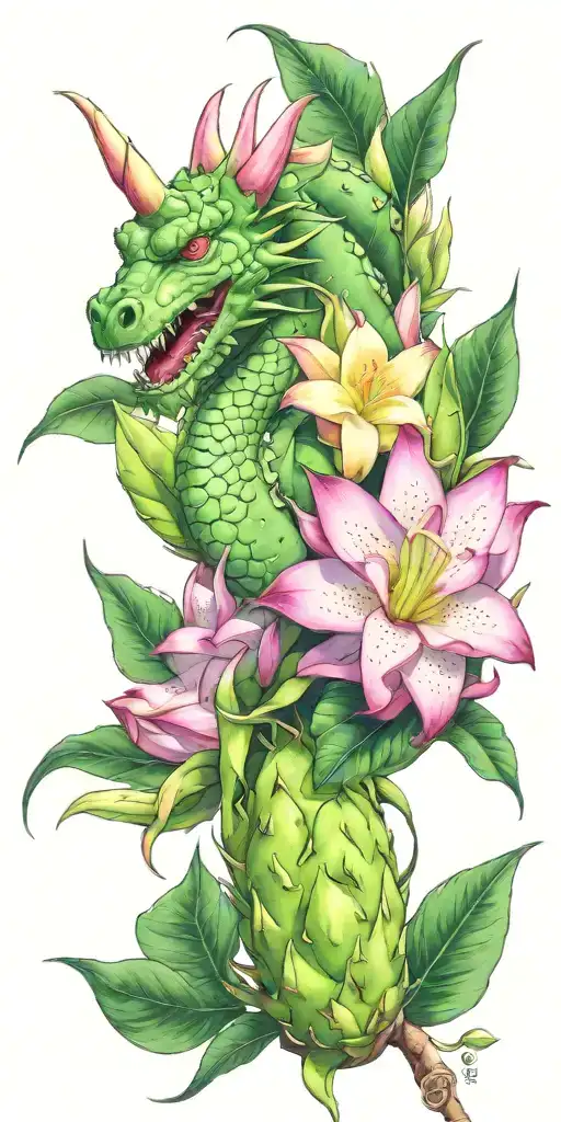 Dragonfruit Growing On Green Vine With Green Dragon Head And White Plumeria Flowers